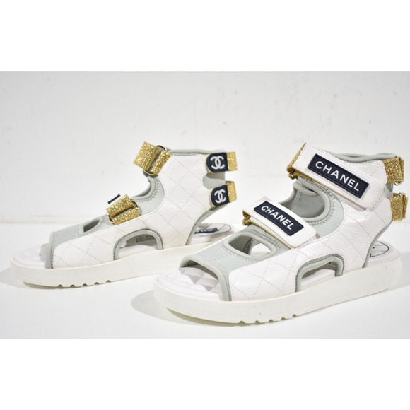 Chanel 21P White Grey Cocomark CC Logo Mule Slide Flat Teva Dad Sport Sandal 36 - Picture 10 of 12